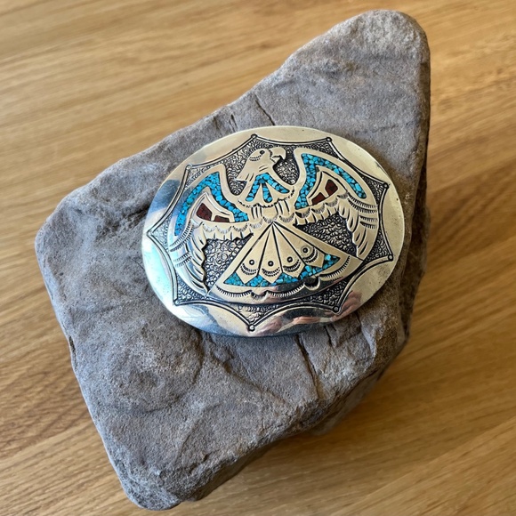 J. Nezzie Other - Vintage Thunderbird Belt Buckle Navajo Mosaic Turquoise Chip Jimmie J NEZZIE